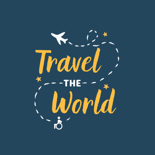 Travel the world image with person in wheelchair and a plane